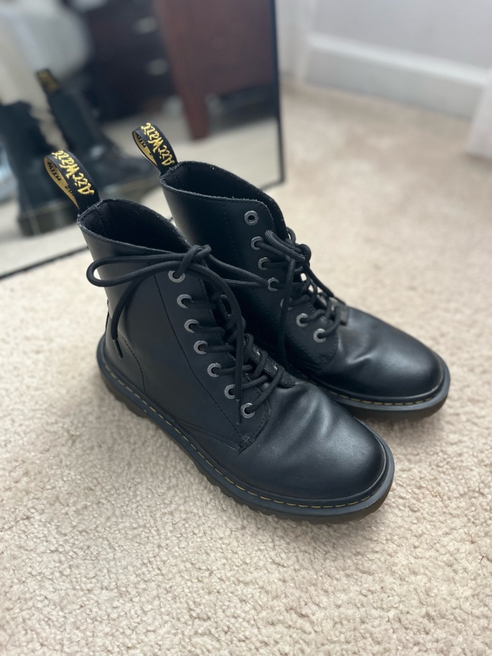 Dr Martens Black Leather Lace-Up Boots with Yellow Stitching, size 8 US